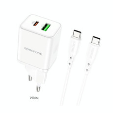 Borofone BN7 PD20W + QC3.0 Dual Ports Travel Charger with Type-C / USB-C to Type-C / USB-C Cable, EU Plug(White)