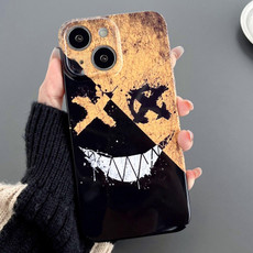 For iPhone 15 Plus Painted Pattern Precise Hole PC Phone Case(Black Yellow Smiling)