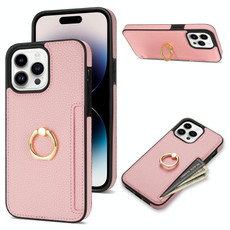 For iPhone 15 Pro Max Ring Card  Litchi Leather Back Phone Case(Pink)
