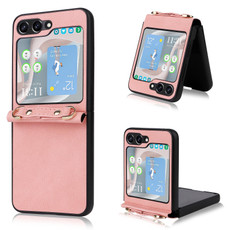 For Samsung Galaxy Z Flip5 5G Lambskin Texture Leather Phone Case with Lanyard(Pink)