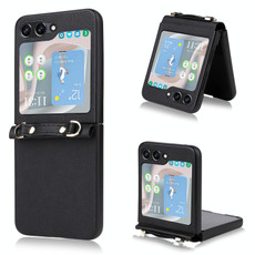 For Samsung Galaxy Z Flip5 5G Lambskin Texture Leather Phone Case with Lanyard(Black)