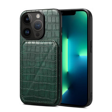 For iPhone 13 Pro Max Imitation Crocodile Leather Back Phone Case with Holder(Green)