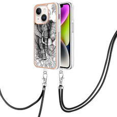 For iPhone 15 Electroplating Dual-side IMD Phone Case with Lanyard(Totem Elephant)