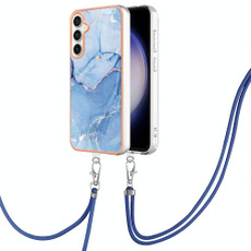 For Samsung Galaxy S23 FE 5G Electroplating Marble Dual-side IMD Phone Case with Lanyard(Blue 018)
