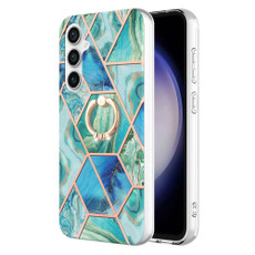 For Samsung Galaxy S23 FE 5G Splicing Marble Flower IMD TPU Phone Case Ring Holder(Green)