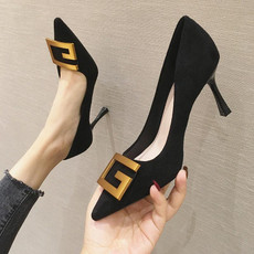 Women Suede High Heels Stiletto Pointed Toe Work Shoes Professional Etiquette Shoes, Size: 37(Black 8cm)