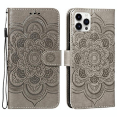 For iPhone 15 Pro Max Mandala Embossing Pattern Horizontal Flip Leather Phone Case(Gray)