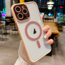 For iPhone 15 Pro Max MagSafe Gradient Color Glitter TPU + Acrylic Phone Case with Lens Film(Pink)