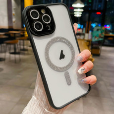 For iPhone 12 Pro MagSafe Gradient Color Glitter TPU + Acrylic Phone Case with Lens Film(Black)