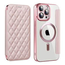 For iPhone 12 Pro Max Shield Magsafe RFID Anti-theft Rhombus Leather Phone Case(Pink) For iPhone 12 Pro Max Shield Magsafe RFID Anti-theft Rhombus Leather Phone Case(Pink)
