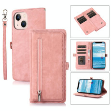 For iPhone 15 Zipper Card Slot Buckle Wallet Leather Phone Case(Pink)