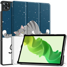 For Realme Pad 2 Custer Painted 3-Fold Holder Smart Leather Tablet Case(Lazy Cat)