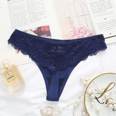 3pcs Ice Silk Seamless One-piece Underwear Women Sexy Lace Thongs(Royal Blue)