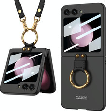 For Samsung Galaxy Z Flip5 GKK Ultra-thin PC Full Coverage Ring Holder Phone Case with Strap(Black)