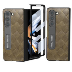 For Samsung Galaxy Z Fold5 ABEEL Integrated Weave Plaid PU Phone Case with Holder(Green)