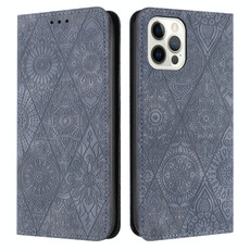 For iPhone 15 Pro Max Ethnic Embossed Adsorption Leather Phone Case(Grey)
