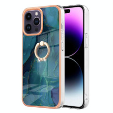 For iPhone 15 Pro Max Electroplating Marble Dual-side IMD Phone Case with Ring(Green 017)