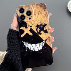 For iPhone 14 Pro Painted Pattern Precise Hole PC Phone Case(Black Yellow Smiling)