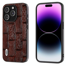 For iPhone 15 Pro Max ABEEL Genuine Leather Mahjong Pattern Black Edge Phone Case(Brown)