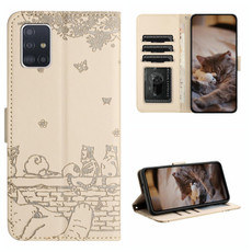 For Samsung Galaxy A51 Cat Embossing Pattern Leather Phone Case with Lanyard(Beige)