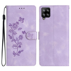 For Samsung Galaxy A22 4G Flower Butterfly Embossing Pattern Leather Phone Case(Purple)