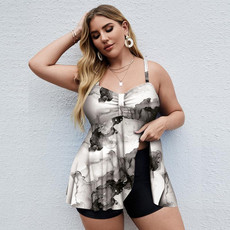 Two-Piece Suspender Skirt Swimsuit Digital Print Boxer Swimsuit Set, Size: XXXXL(Black Marble)