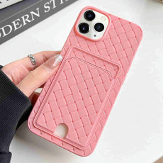 For iPhone 11 Pro Max Weave Texture Card Slot Skin Feel Phone Case with Push Card Hole(Pink)