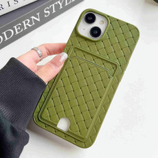 For iPhone 14 Plus Weave Texture Card Slot Skin Feel Phone Case with Push Card Hole(Olive Green)