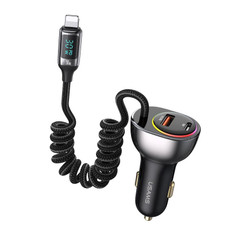 USAMS US-CC193 C37 60W Type-C+USB Dual Port Car Charger with Digital Display 30W 8 Pin Spring Data Cable(Tarnish)