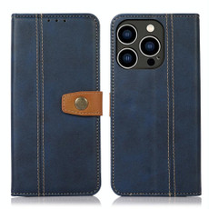 For iPhone 15 Pro Max Stitching Thread Calf Texture Leather Phone Case(Blue)