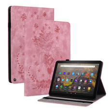 For Amazon Kindle Fire HD10 2021 Butterfly Rose Embossed Leather Smart Tablet Case(Pink)