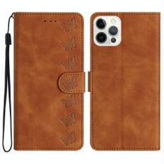 For iPhone 14 Pro Seven Butterflies Embossed Leather Phone Case(Brown)