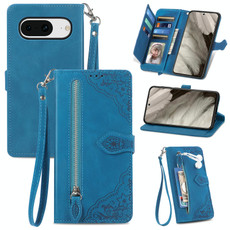 For Google Pixel 8 Embossed Flower Zipper Leather Phone Case(Blue)