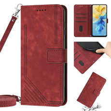 For Infinix Hot 20 5G Skin Feel Stripe Pattern Leather Phone Case with Lanyard(Red)
