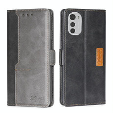 For Motorola Moto E32 4G Contrast Color Side Buckle Leather Phone Case(Black + Grey)