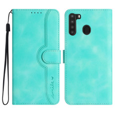 For Samsung Galaxy A21 EU Version Heart Pattern Skin Feel Leather Phone Case(Light Blue)