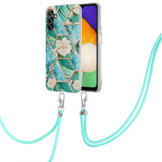 For Samsung Galaxy A54 5G Electroplating Splicing Marble Flower IMD TPU Phone Case with Lanyard(Blue Flower)