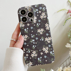 For iPhone 14 Pro Water Sticker Flower Pattern PC Phone Case(Black Backgroud White Flower)