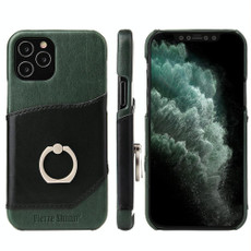 For iPhone 12 / 12 Pro Fierre Shann Oil Wax Texture Genuine Leather Back Cover Case with 360 Degree Rotation Holder & Card Slot(Black+Green)