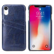For iPhone XR Fierre Shann Retro Oil Wax Texture PU Leather Case with Card Slots(Blue)