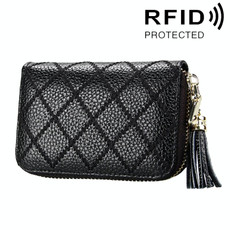 Genuine Cowhide Leather Grid Texture Zipper Card Holder Wallet RFID Blocking Card Bag Protect Case Coin Purse with Tassel Pendant & 15 Card Slots for Women, Size: 11.1*7.9*3.5cm(Black) Genuine Cowhide Leather Grid Texture Zipper Card Holder Wallet RFID Blocking Card Bag Protect Case Coin Purse with Tassel Pendant & 15 Card Slots for Women, Size: 11.1*7.9*3.5cm(Black)