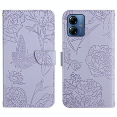 For Motorola Moto G54 HT03 Skin Feel Butterfly Embossed Flip Leather Phone Case(Purple)