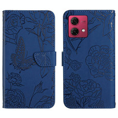 For Motorola Moto G84 HT03 Skin Feel Butterfly Embossed Flip Leather Phone Case(Blue)