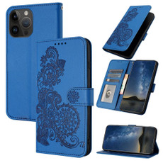 For iPhone 15 Pro Max Datura Flower Embossed Flip Leather Phone Case(Blue)