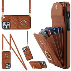 For iPhone 14 Pro Max Rhombic Texture Card Bag Phone Case with Long Lanyard(Brown)