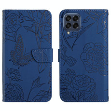 For Samsung Galaxy M53 Skin Feel Butterfly Peony Embossed Leather Phone Case(Blue)