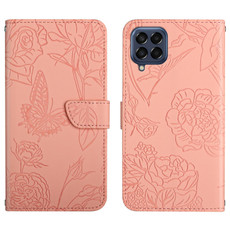 For Samsung Galaxy M53 Skin Feel Butterfly Peony Embossed Leather Phone Case(Pink)