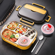 304 Stainless Steel Double-Layer Large-Capacity Portable Lunch Box, Color: Lemon Yellow(Large 5 Grid)