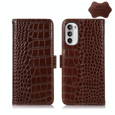 For Motorola Moto G52 4G Crocodile Top Layer Cowhide Leather Phone Case(Brown)