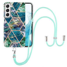 For Samsung Galaxy S22 5G Electroplating Splicing Marble TPU Phone Case with Lanyard(Blue Green)